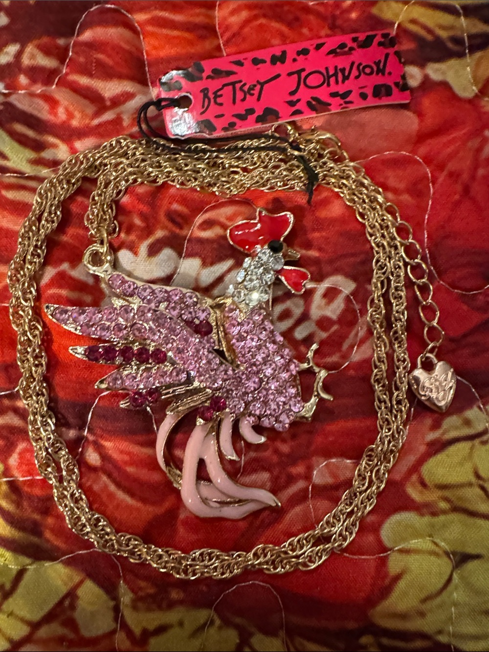 New Betsey Johnson Gold-Tone Rooster Pendant Necklace with Pink and Red Crystals